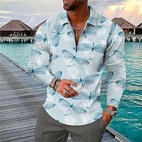 Men's Collar Polo Shirt Golf Shirt Animal Dragonfly Turndown Blue 3D Print Casual Daily Long Sleeve Button-Down Print Clothing Apparel Fashion Designer Casual Breathable  Sports Lightinthebox - thumbnail