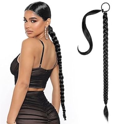 Braided Ponytail Extension with Hair Tie Black Straight Wrap Around for Women Synthetic High Temperature Fluffy Natural Soft Hair Piece for Daily Wear Lightinthebox