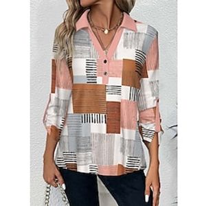 Women's Henley Shirt Blouse Color Block Pink Print Button Long Sleeve Casual Fashion V Neck Regular Fit Spring   Fall Lightinthebox