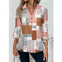 Women's Henley Shirt Blouse Color Block Pink Print Button Long Sleeve Casual Fashion V Neck Regular Fit Spring   Fall Lightinthebox - thumbnail