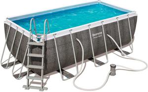 Bestway Power Steel Rectangular Outground Pool Grey Rattan Effect with filter pump & ladder - 412 x 201 x 122 cm