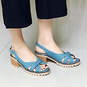 Women's Sandals Chunky Heel Peep Toe PU Synthetics Black Dark Blue Light Blue miniinthebox