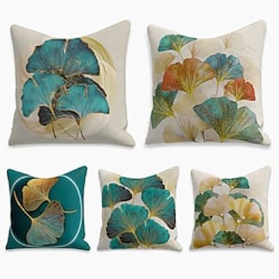 Double Side Cushion Cover 5PC Soft Decorative Square Throw Pillow Cover Faux Linen Cushion Case Pillowcase Superior Quality Machine Washable Print Ginkgo Biloba for Sofa Couch Bed Chair Lightinthebox
