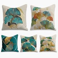 Double Side Cushion Cover 5PC Soft Decorative Square Throw Pillow Cover Faux Linen Cushion Case Pillowcase Superior Quality Machine Washable Print Ginkgo Biloba for Sofa Couch Bed Chair Lightinthebox - thumbnail