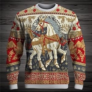 Graphic Animal Horse Daily Ethnic Casual Men's 3D Print Pullover Sweatshirt Holiday Vacation Going out Sweatshirts Red Blue Crew Neck Print Spring   Fall Designer Lightinthebox