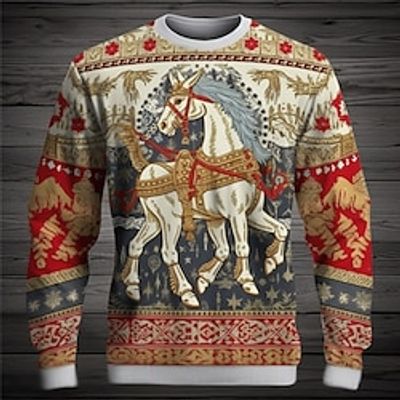 Graphic Animal Horse Daily Ethnic Casual Men's 3D Print Pullover Sweatshirt Holiday Vacation Going out Sweatshirts Red Blue Crew Neck Print Spring   Fall Designer Lightinthebox