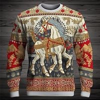 Graphic Animal Horse Daily Ethnic Casual Men's 3D Print Pullover Sweatshirt Holiday Vacation Going out Sweatshirts Red Blue Crew Neck Print Spring   Fall Designer Lightinthebox - thumbnail