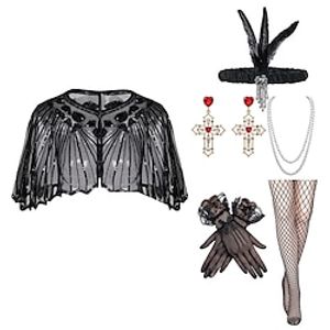 6 Pcs 1920s Flapper Costume Accessories Women's Shawl Wraps Feather Headpiece Necklace Fishnet Tights Gloves Earrings Retro Vintage Roaring 20s miniinthebox