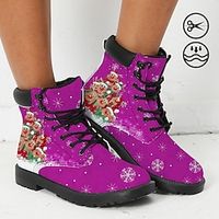 Women's Boots Print Shoes Xmas Shoes Combat Boots Christmas Xmas Daily Elk Christmas Tree Booties Ankle Boots Winter Flat Heel Round Toe Closed Toe Fashion Casual Faux Leather Lace-up Black Pink Red miniinthebox - thumbnail