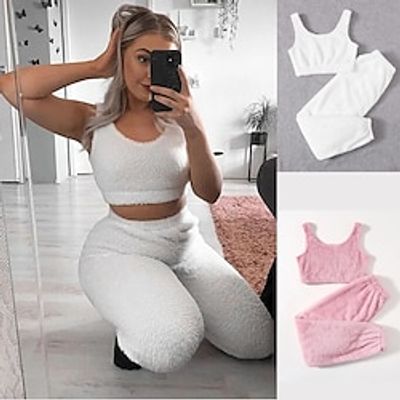 Solid Fuzzy Lounge Set Warm Tank Crop Top Elastic Waistband Pants 2 PCS Women's Loungewear Sleepwear Nightwear miniinthebox Solid Fuzzy Lounge Set Warm Tank Crop Top Elastic Waistband Pants 2 PCS Women's Loungewear Sleepwear Nightwear miniinthebox