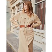 Women's Shirt Dress Casual Dress Shift Dress Maxi long Dress Outdoor Daily Vacation Polyester Fashion Modern Shirt Collar Button Pocket Long Sleeve Fall Winter 2023 Loose Fit Apricot Pure Color S M L Lightinthebox - thumbnail