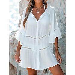 Women's White Dress Casual Dress Summer Dress Mini Dress Eyelet Holiday Vacation Beach Basic V Neck 3/4 Length Sleeve Loose Fit White Color S M L XL 2XL Size Lightinthebox