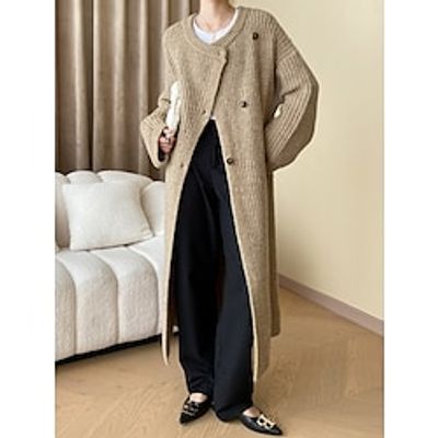 Women's Cardigan Sweater Jumper Ribbed Knit Long Pocket Split Solid Color Crew Neck Stylish Casual Outdoor Daily Fall Winter Khaki Gray S M L Lightinthebox