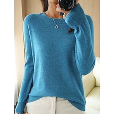 Women's Pullover Sweater Jumper Crew Neck Ribbed Knit Wool Oversized Fall Winter Regular Outdoor Daily Holiday Fashion Casual Soft Long Sleeve Solid Color Lake blue Red bean paste Haze blue S M L miniinthebox