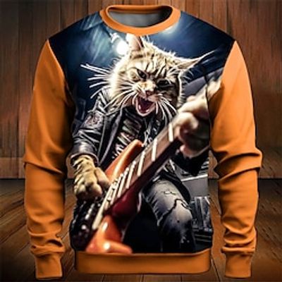 Color Block Cat Men's Fashion 3D Print Golf Pullover Sweatshirt Holiday Vacation Going out Sweatshirts Blue Purple Crew Neck Print Spring   Fall Designer Hoodie Sweatshirt Lightinthebox
