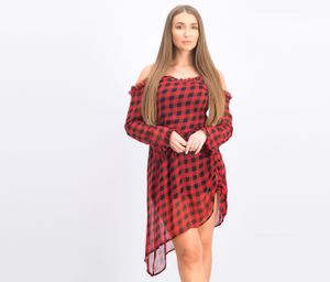 Womens Checked Transparent Asymmetric Dress  Red