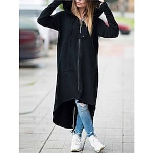 Women's Trench Coat Fall Casual Hoodied Jacket Zipper Windproof Long Coat with Poackets Street Daily Wear Winter Warm Regular Fit Stylish Long Sleeve Plain Black Dark Gray Lightinthebox