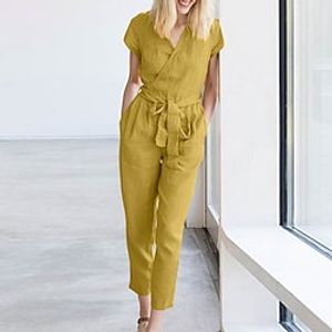 Women's Jumpsuit Lace up Pocket Solid Color V Neck Casual Street Daily Regular Fit Short Sleeve Green Black Yellow S M L Spring miniinthebox