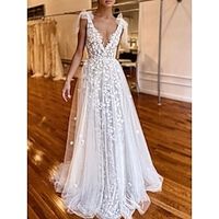Beach Formal Wedding Dresses A-Line V Neck Sleeveless Sweep  Brush Train Lace Bridal Gowns With Bow(s) Pleats 2023 Lightinthebox - thumbnail