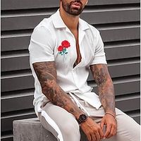 Men's Shirt  Solid Color Rose Turndown Street Casual Button-Down Print Half Sleeve Tops Designer Casual Fashion Breathable White  Summer Lightinthebox - thumbnail