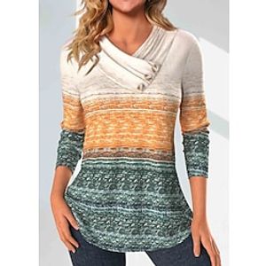 Women's T shirt Tee Color Block Yellow Print Button Long Sleeve Daily Weekend Fashion V Neck Regular Fit Spring   Fall Lightinthebox