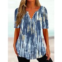Women's T shirt Tee Blouse Army Green Red Blue Tie Dye Button Print Short Sleeve Casual Basic Round Neck Regular S miniinthebox - thumbnail