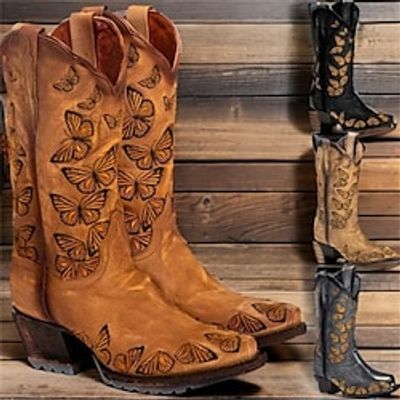 Women's Boots Cowboy Boots Plus Size Work Boots Outdoor Work Daily Fleece Lined Mid Calf Boots Bowknot Cone Heel Chunky Heel Pointed Toe Fashion Elegant Classic PU Loafer Solid Color Embroidered Lightinthebox