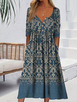 Round Neck Casual Loose Floral Print Long Sleeve Midi Dress Round Neck Casual Loose Floral Print Long Sleeve Midi Dress