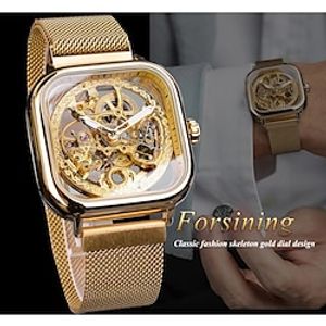 Forsining Golden Men Automatic Watch Square Skeleton Mesh Steel Band Mechanical Business Clock Relogio Masculino miniinthebox