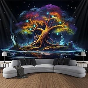 Bonsai Blacklight Tapestry UV Reactive Glow in the Dark Trippy Psychedelic Misty Nature Landscape Hanging Tapestry Wall Art Mural for Living Room Bedroom Lightinthebox