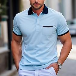 Men's Polo Golf Shirt Business Casual Classic Short Sleeve Fashion Solid Color Button Pocket Summer Spring Regular Fit Light Blue Polo Lightinthebox