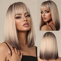 Bob Ombre Brown Blonde Wig with Bangs Natural Short Straight Wigs for Women Shoulder Length Synthetic Wigs for Daily Cosplay Lightinthebox