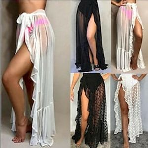 Women's Swimwear Long Skirt Maxi Chiffon Satin white polka dots Back Polka Dots Black White Skirts Ruffle Beach Wear Swimsuit Bottoms Vacation Beach One-Size Lightinthebox
