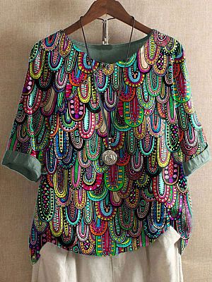 Feather Pattern Digital Printing Summer Round Neck Short Sleeve Blouse