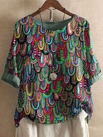Feather Pattern Digital Printing Summer Round Neck Short Sleeve Blouse