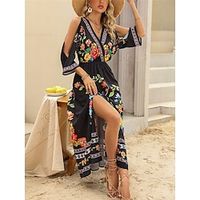 Women's Casual Dress A Line Dress Floral Print Split V Neck Long Dress Maxi Dress Red Valentines Dress Streetwear Valentine's Day Street 34 Length Sleeve Regular Fit Black Summer Spring S M L XL 2XL Lightinthebox - thumbnail