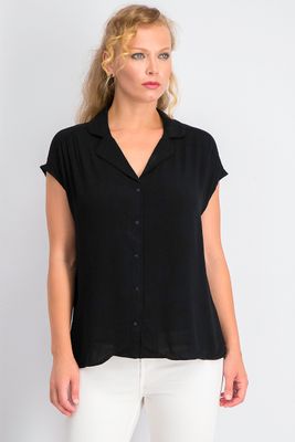 Womens Notched Collar Plain Top  Black