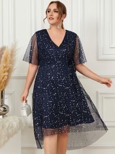 YOINS Plus Size V-neck Mesh Star Short Sleeves Dress