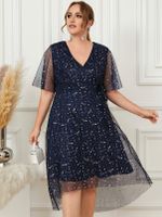 YOINS Plus Size V-neck Mesh Star Short Sleeves Dress - thumbnail