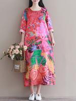 Casual Loose Flower Printed O-Neck Long Sleeve Women Maxi Dr