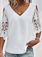 V-Neck Lace Stitching Casual Loose Solid Color Short-Sleeved Blouse