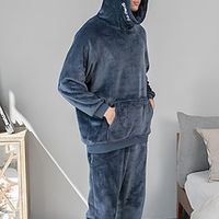 Men's Loungewear Pajama Set Pure Color Fashion Simple Plush Home Polyester Warm Breathable Hoodie Long Sleeve Pant Pocket Hoodie Winter Brown Navy Blue  Flannel Lightinthebox - thumbnail