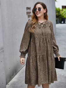 Plus Size V-neck Polka Dot Tie-up Design Long Sleeves Midi Dress