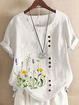 Round Neck Casual Loose Floral Print Short Sleeve Blouse