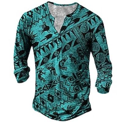 Men's T shirt Tee Henley Shirt Tee 3D Print Graphic Plus Size Henley Daily Sports Button-Down Print Long Sleeve Tops Designer Basic Classic Comfortable Blue miniinthebox