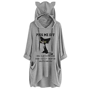 Women's Shift Dress Short Mini Dress Gray Long Sleeve Fall Cat Letter Animal Pocket Print Fall Spring Hooded Casual 2022 S M L XL XXL 3XL miniinthebox