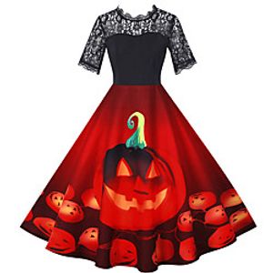 Women's A Line Dress Knee Length Dress Blue Purple Wine Black Short Sleeve Print Lace Print Fall Winter Round Neck Casual Vintage Halloween 2021 S M L XL XXL miniinthebox