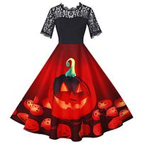 Women's A Line Dress Knee Length Dress Blue Purple Wine Black Short Sleeve Print Lace Print Fall Winter Round Neck Casual Vintage Halloween 2021 S M L XL XXL miniinthebox - thumbnail