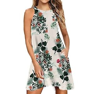 Women's Shift Dress Short Mini Dress Green Blue Dark Green Beige Sleeveless Floral Pocket Print Spring Summer Halter Neck Casual Vacation 2022 S M L XL XXL 3XL miniinthebox