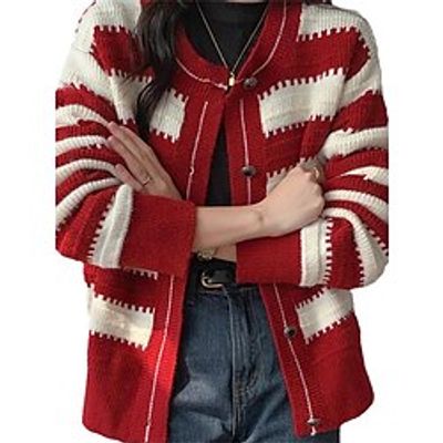 Women's Ugly Christmas Sweater Cardigan Sweater Jacket Crew Neck Ribbed Knit Wool Button Knitted Fall Winter Regular Outdoor Christmas Daily Stylish Casual Soft Long Sleeve Color Block Striped Black Lightinthebox